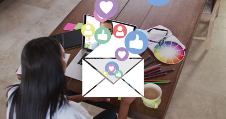 Poster - Image of email and social media icons over caucasian woman on laptop image call