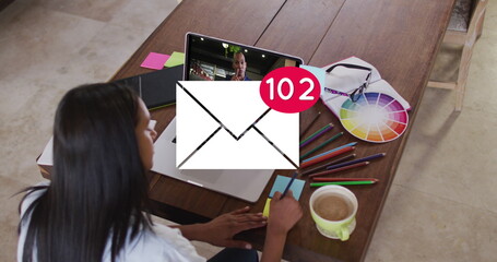 Poster - image of email icon with numbers over caucasian woman on laptop image call