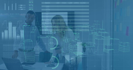 Poster - Image of data processing and digital city over diverse business people at office