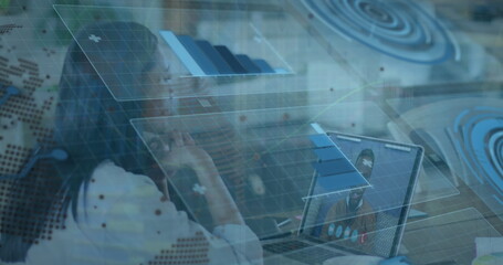 Poster - Image of data processing over businesswoman having laptop image call with colleague