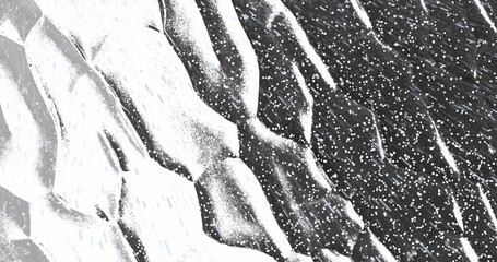 Poster - Image of rain and white particles over moving organic white shapes on black background