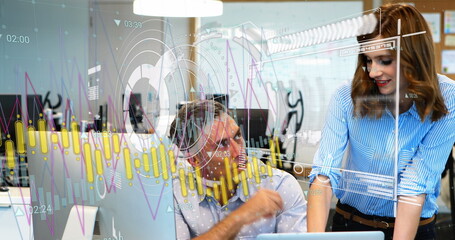 Poster - Image of statistics and financial data processing over diverse business people in office