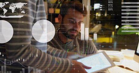 Poster - Image of statistics and financial data processing over caucasian businessman in office