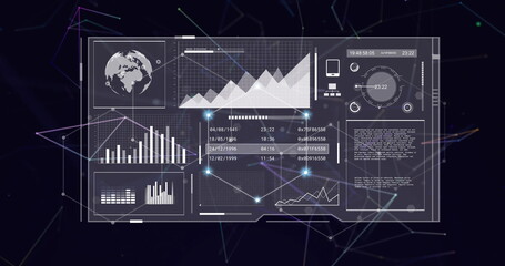 Poster - Image of data processing over network of connections on black background