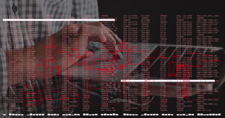 Poster - Image of data processing over hands using laptop