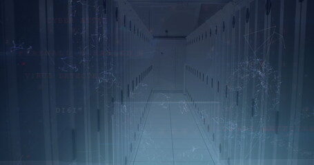 Poster - Illuminating narrow server aisle in data center under LED lighting, projecting network overlays
