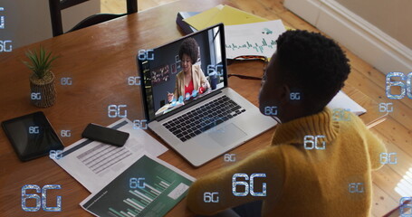 Poster - Image of 6g over african american woman having image call on laptop