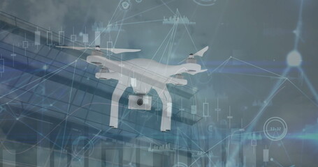 Poster - Image of flying drone camera and network of connections against tall building and blue sky