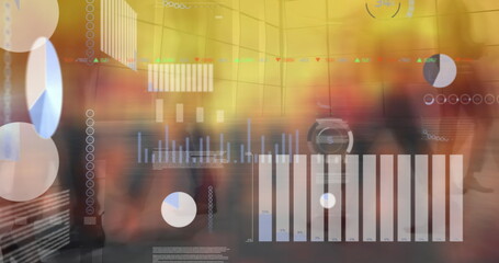 Poster - Image of financial data processing over diverse people walking on street