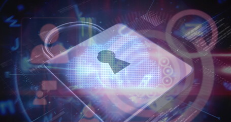 Poster - Image of padlock icon over data processing on black background