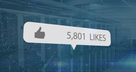 Poster - Image of social media likes notification and data processing over computer server room