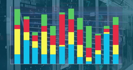 Poster - Image of colourful graph and data processing over computer server room