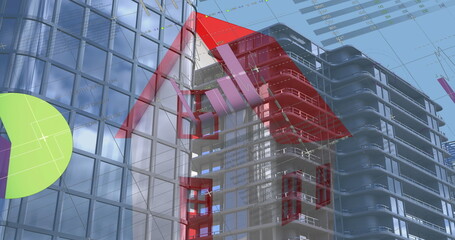 Poster - Image of statistical data processing over house icon against tall buildings