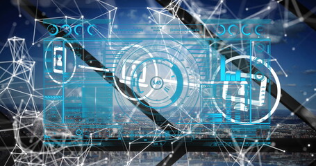 Poster - image of scope scanning and network of connections with icons over cityscape