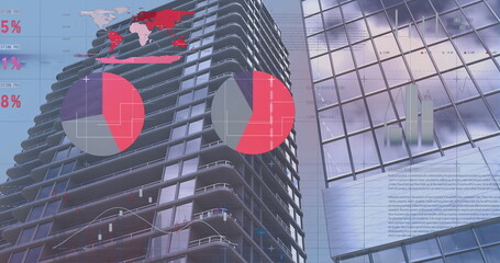 Poster - image of statistical data processing against tall buildings