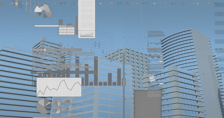Poster - image of statistical data processing against tall buildings
