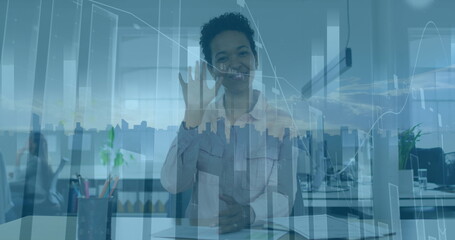 Poster - Image of data processing over woman talking