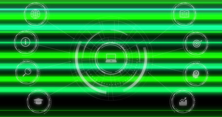 Poster - image of media icons and neon lines over black background