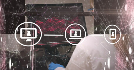 Poster - image of media icons and shapes over hand using computer