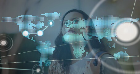 Poster - image of network of connections with world map over woman in city