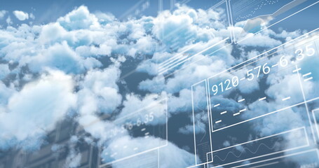 Poster - Image of charts and data processing on interface over cloudy blue sky