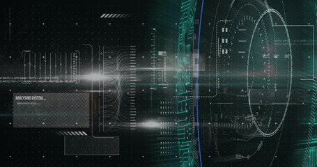 Poster - Image of data processing with light trails on black background