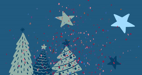 Poster - Image of confetti falling over christmas trees and stars on blue background
