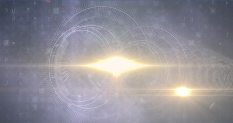 Poster - Radiating diamond light forming hologram on virtual plane, with HUD rings, code and flare streaks