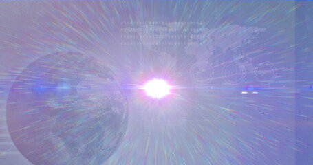 Poster - Image of blue light spot over globe and world map against blue background