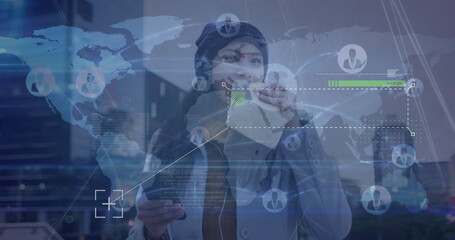 Poster - Image of data processing over world map against asian woman having a snack on the street