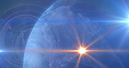 Poster - image of light spots and round scanner over globe and hand icon against blue background