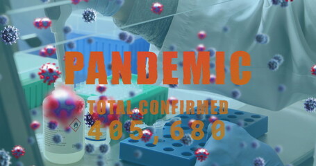 Poster - Image of virus cells and pandemic text over caucasian doctor