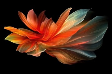 Poster - Fiery orange and teal flower with flowing petals on black background. Great for backgrounds, designs, and promoting beauty concepts.