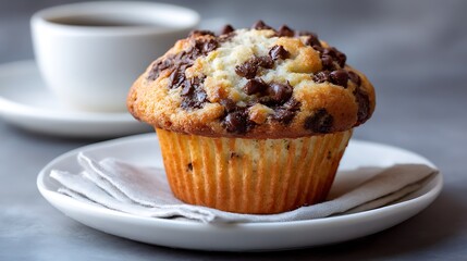 Wall Mural - Freshly Baked Chocolate Chip Muffin with a Cup of Coffee