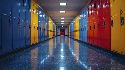 Colorful lockers line school hallway, creating vibrant and inviting atmosphere