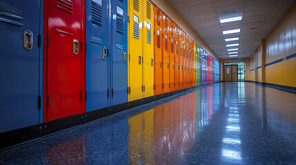 Colorful lockers line bright school hallway, creating vibrant and inviting atmosphere