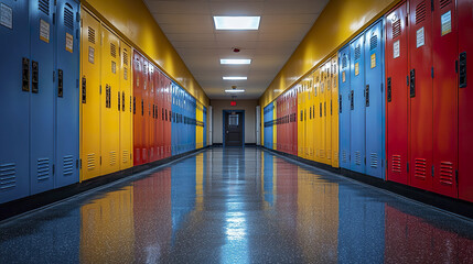 Poster - Colorful lockers line bright school hallway, creating vibrant atmosphere