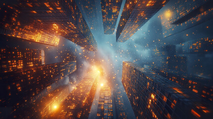 Poster - stunning view of skyscrapers illuminated at night, creating vibrant urban atmosphere