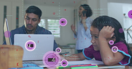 Poster - Image of network of connections with icons over diverse business people using computers