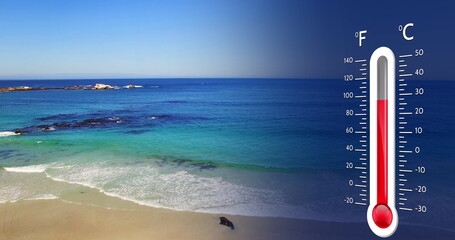 Poster - Image of digital thermometer over sea landscape