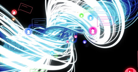 Poster - image of wavy lights and social media icons on black background