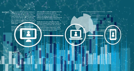 Poster - image of connected media icons over data processing and graphs on interface
