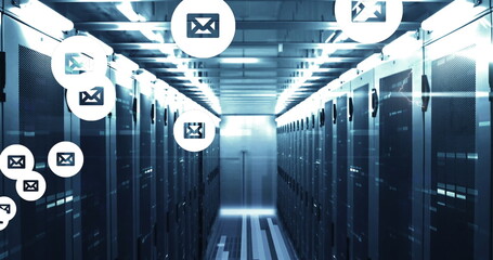 Poster - image of email icons over computer servers