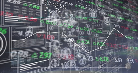 Poster - Image of numbers, world map, user icons and financial data on digital screen