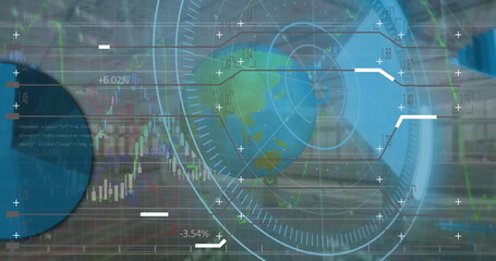 Poster - image of scope scanning over globe, financial data processing and warehouse
