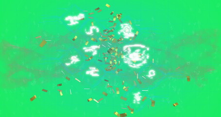Poster - Image of golden confetti falling over digital icons against digital wave on green background