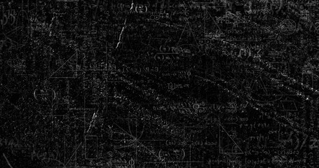Poster - Image of layers of mathematical formulae and moving chalk marks on black chalkboard