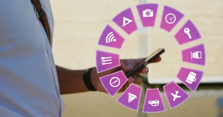 Poster - Image of travel icons and caucasian man using smartphone in background