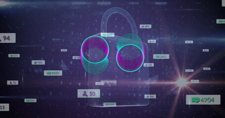 Poster - image of media icons over padlock and data processing