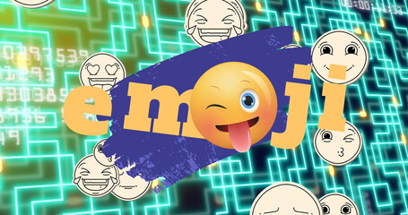 Poster - image of emoji icons and data processing over network of connections